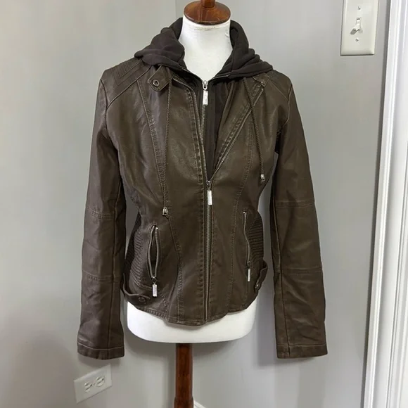 New Lock and Love Faux Leather Jacket Women Motorcycle Coat with Removable Hood - Picture 1 of 10